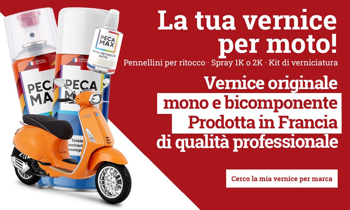 Scegli la vernice per la tua moto nella tinta originale del costruttore, disponibile in bombolette spray, flaconi per ritocco e kit di verniciatura